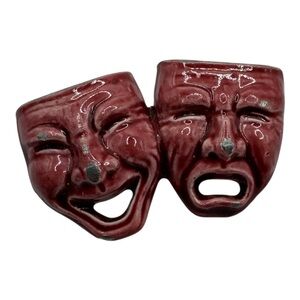 Vintage Red Enamel Comedy & Tragedy Mask Brooch – Theater Pin, 1” Wide‎